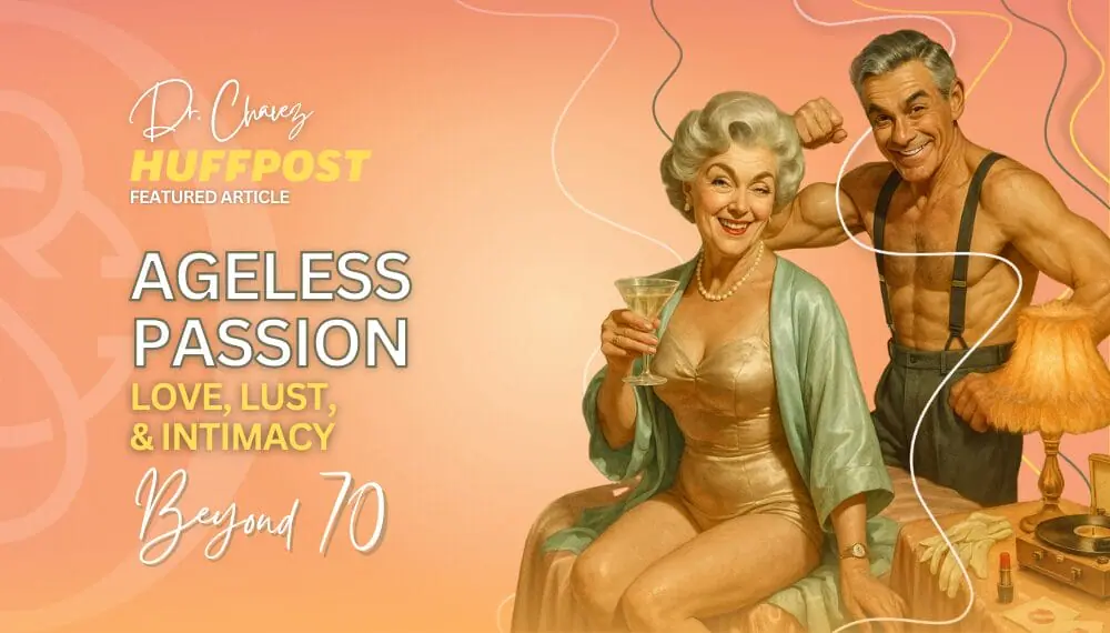 Vintage-style illustration of a joyful older couple celebrating love, lust, and intimacy beyond 70, featured in a HuffPost article by Doctor Shannon Chavez, Beverly Hills sex therapist.