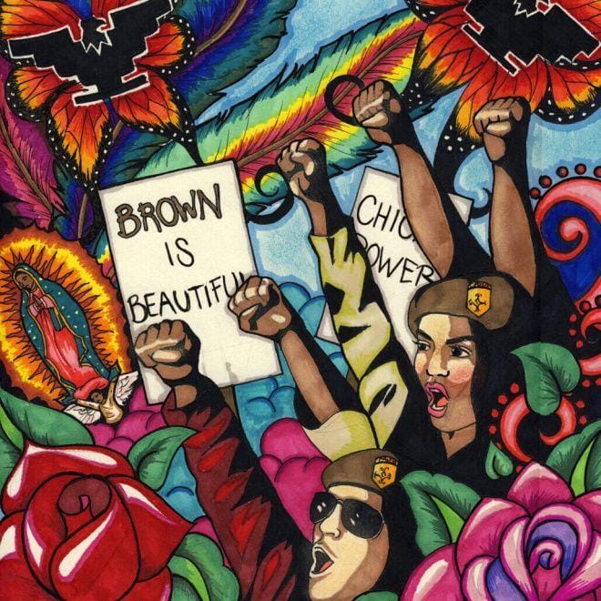 Chicano Power artwork reading 'Brown is Beautiful' in bold lettering, featuring warm earth tones and stylized figures celebrating cultural pride and solidarity
