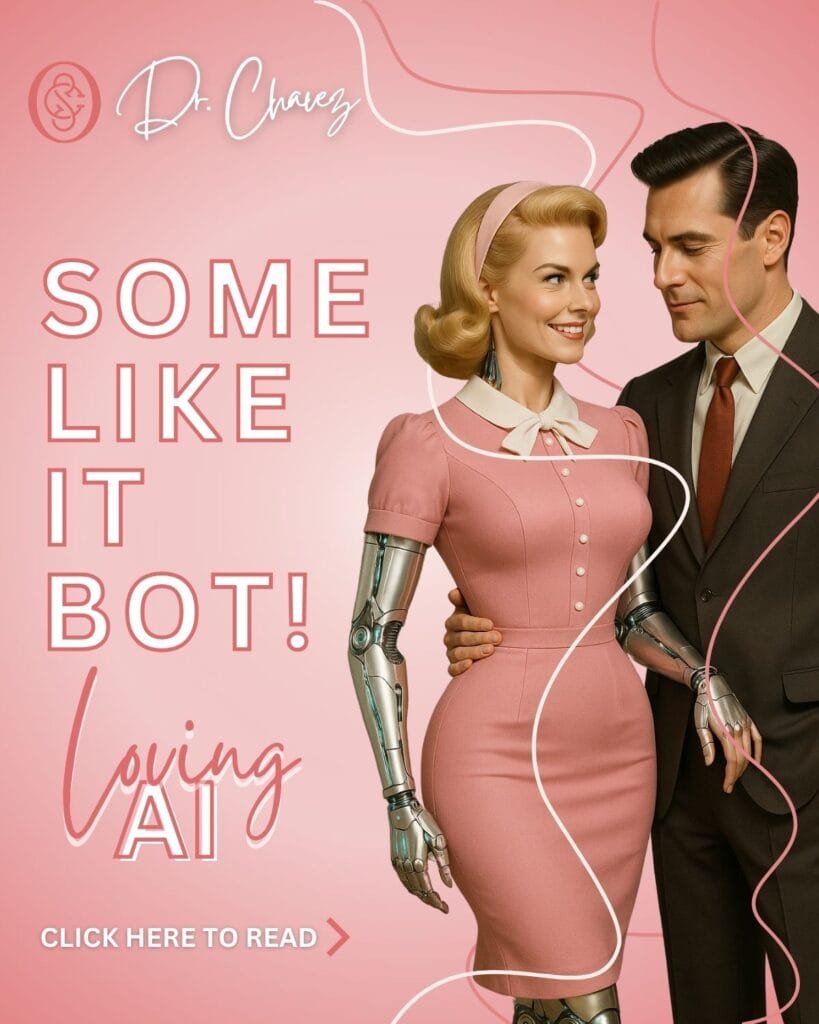 Retro-style AI robot woman in Stepford wife attire embracing a man, portraying a typical 1960s American couple in Los Angeles