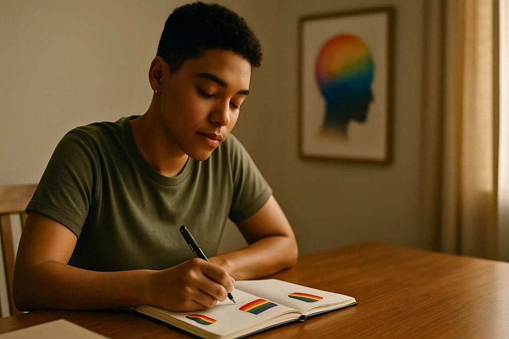 LGBTQ+ person reflecting or journaling as part of their mental health and self-care routine, seated at a wooden desk with rainbow stickers in their notebook and a rainbow-colored brain artwork in the background, bathed in soft natural light.