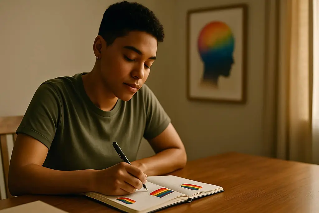 LGBTQ+ person reflecting or journaling as part of their mental health and self-care routine, seated at a wooden desk with rainbow stickers in their notebook and a rainbow-colored brain artwork in the background, bathed in soft natural light.