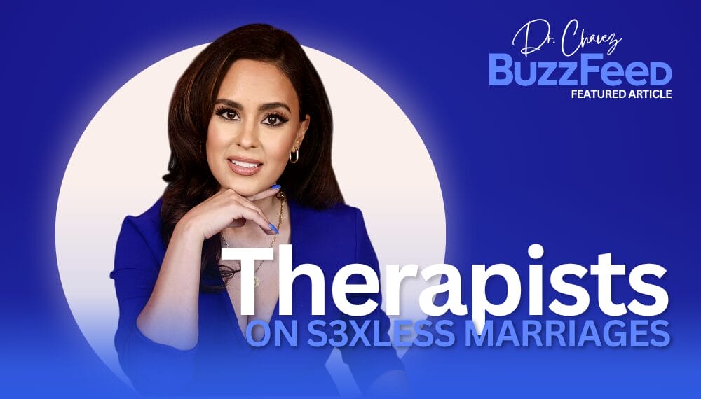 Dr. Shannon Chavez, featured in a BuzzFeed article, sits confidently in blue as she addresses the topic of sexless marriages from a therapist’s perspective.