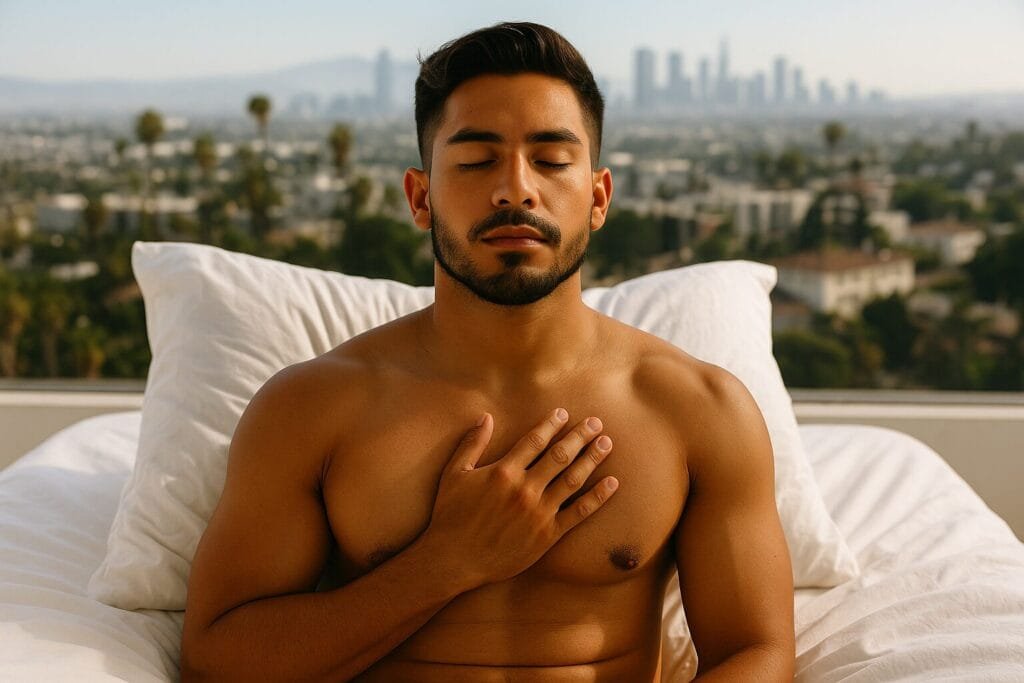 A young Latino man lies shirtless on a white bed with his hand over his chest and eyes closed, overlooking the Los Angeles skyline, symbolizing reflection, emotional wellbeing, and embodied male health.