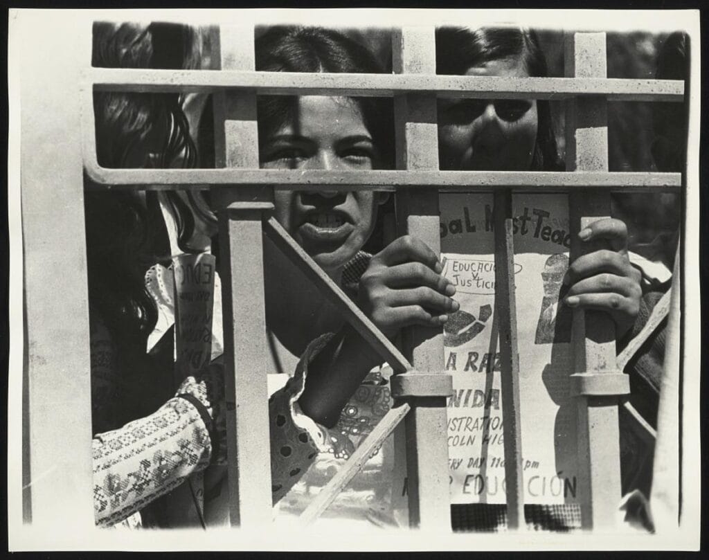 Woman protesting during Chicano movement for education rights in Los Angeles in the 60's.