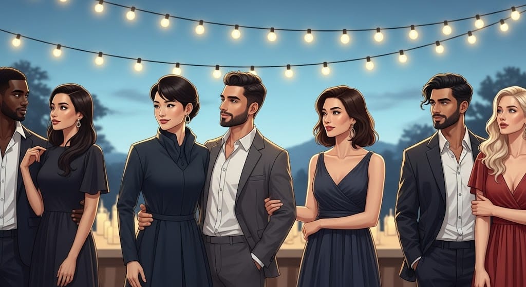 A hyperrealistic banner showing diverse couples at a formal event, each subtly displaying disinterest in their partner and longing glances elsewhere, representing marriage and intimacy issues for Dr. Shannon Chavez's therapy practice.