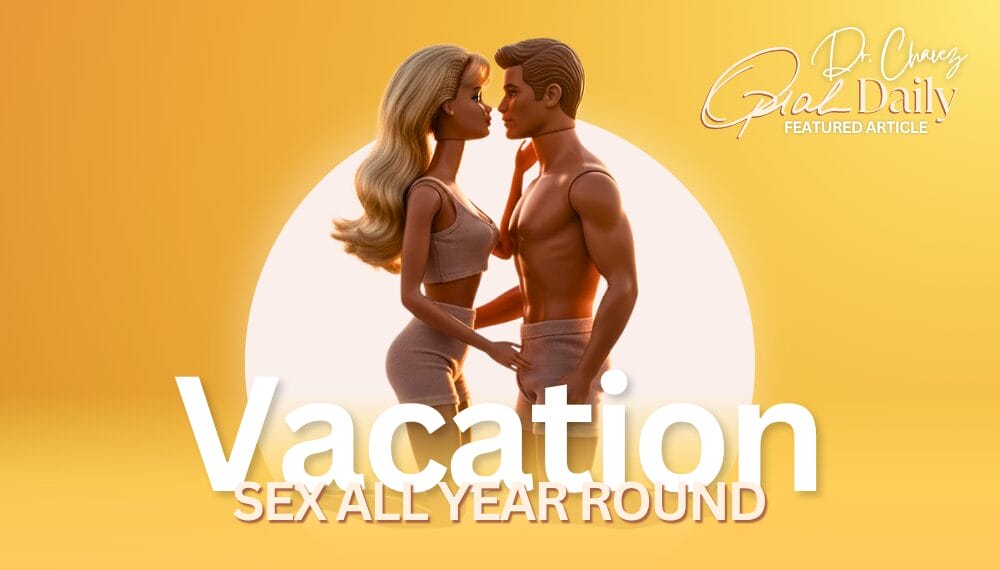 Barbie and Ken dolls in intimate vacation-style outfits stand close under a glowing sun backdrop, evoking beachside romance and carefree connection. Image for Dr. Shannon Chavez’s Oprah Daily feature on sustaining passionate sex all year long. Sexual wellness, relationship therapy, and intimacy coaching by Doctot Chavez, Beverly Hills sex therapist and psychologist.