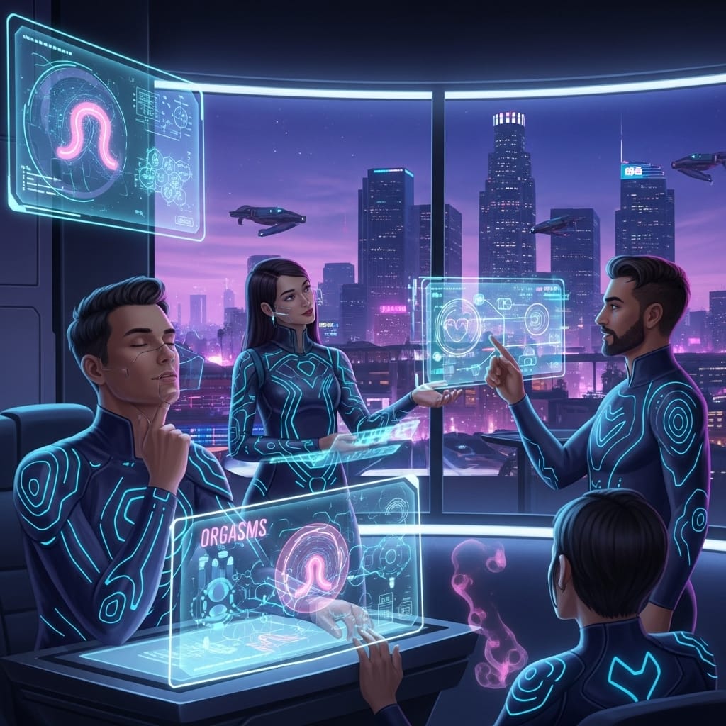 Futuristic doctors researching orgasms and human behavior