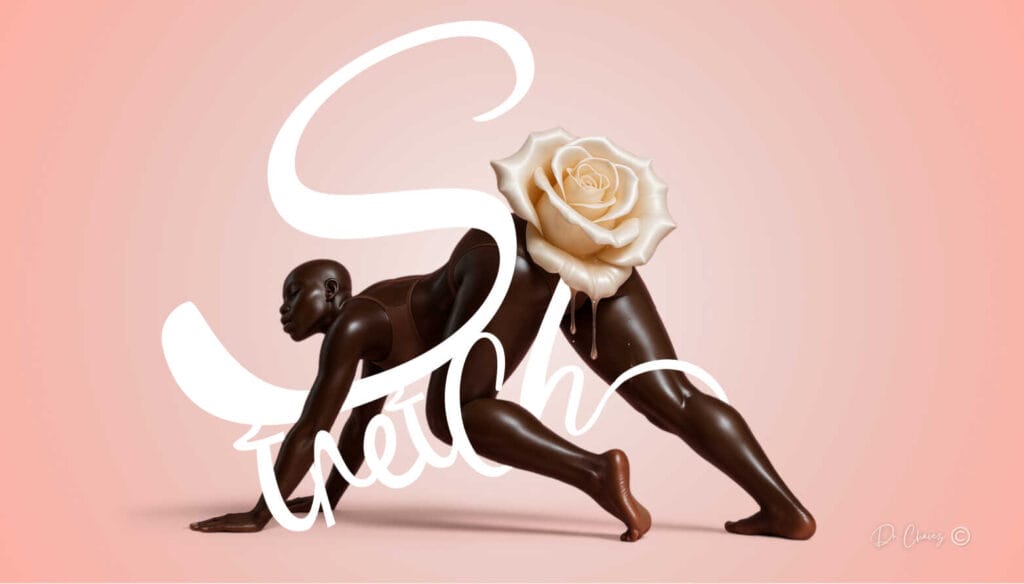 Editorial artwork of a Black female arching and stretching, a rose budding as a symbol of readiness, body trust, and anal health awareness.