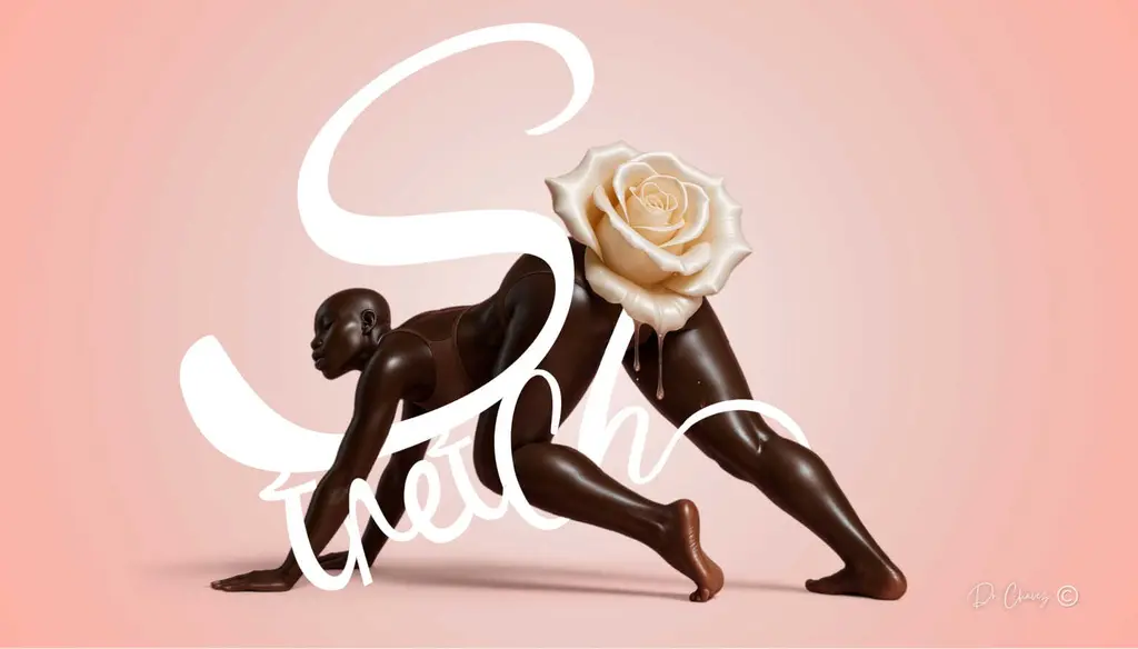 Editorial artwork of a Black female arching and stretching, a rose budding as a symbol of readiness, body trust, and anal health awareness.