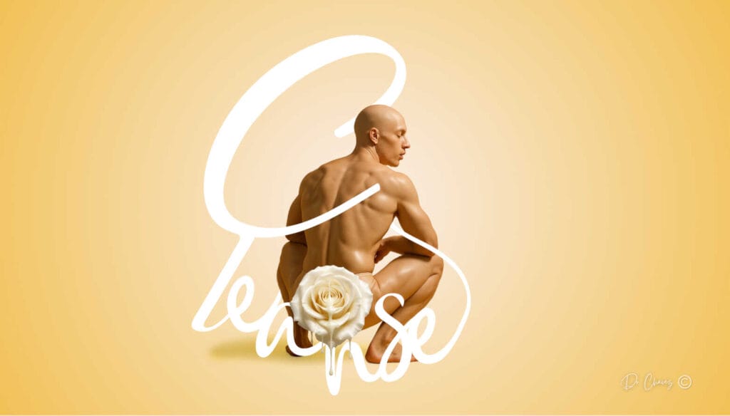 Editorial artwork of a white male squatting, symbolizing cleanse and anal health awareness, with a blooming rose as metaphor for care and renewal.