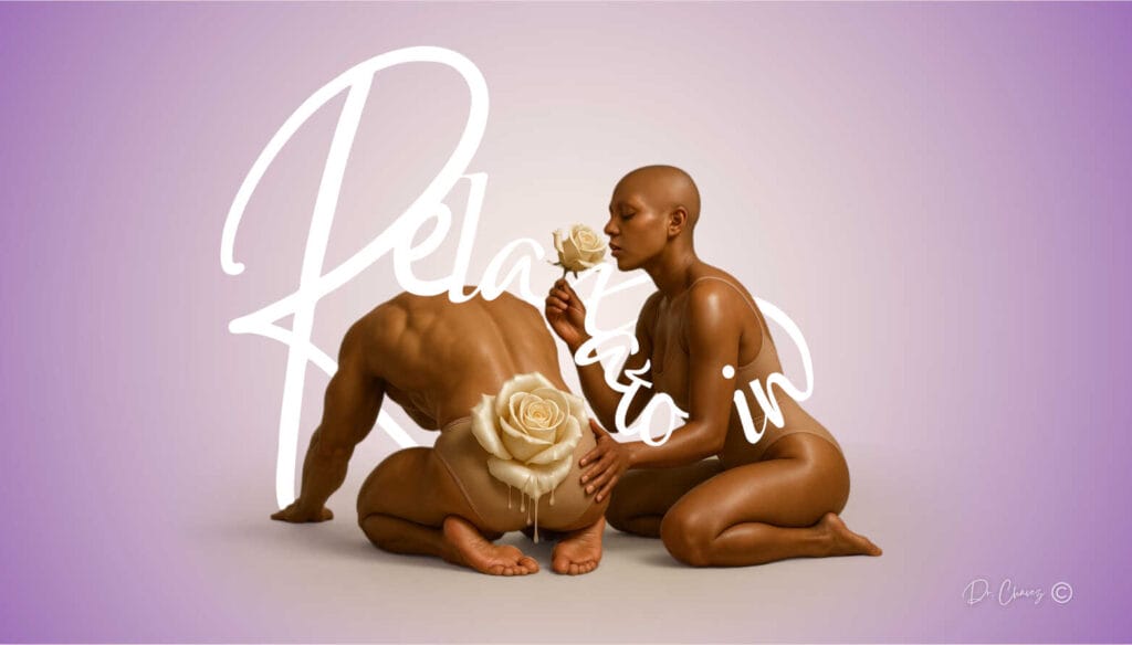 Artwork of a female partner rubbing a man’s back as he arches forward, a rose blooming as a metaphor for relaxation, safety, and anal health.