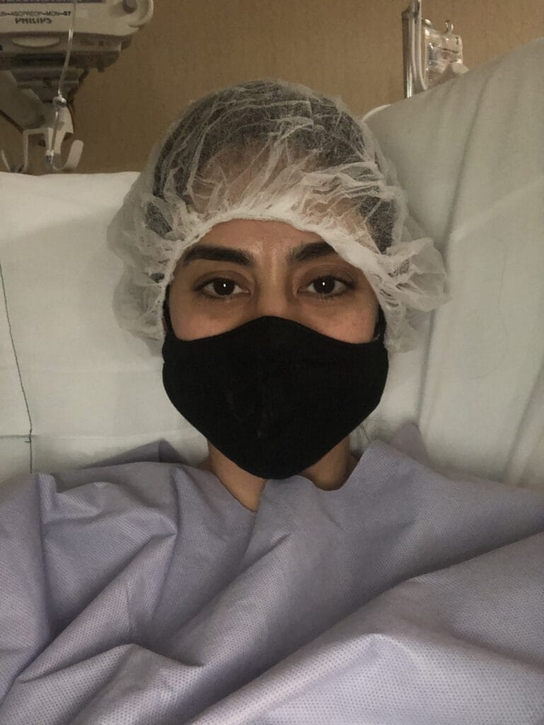 Photo taken on the day of endometriosis surgery, capturing the quiet vulnerability and strength of preparing to face a major medical procedure alone during the pandemic.
