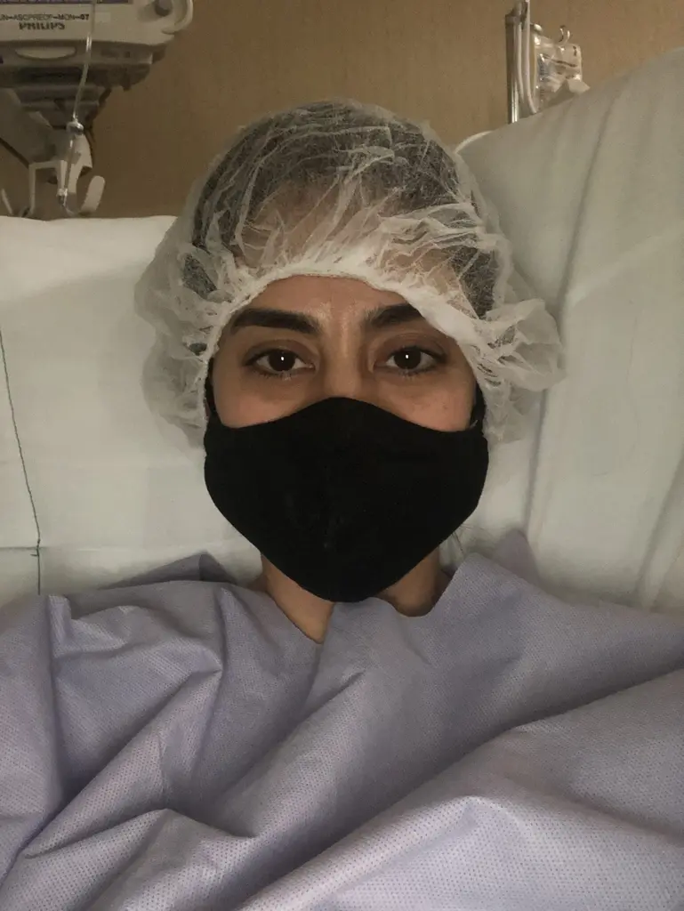 Photo taken on the day of endometriosis surgery, capturing the quiet vulnerability and strength of preparing to face a major medical procedure alone during the pandemic.