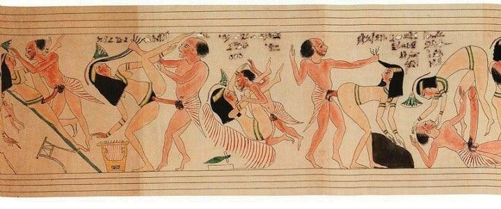 Illustration from the Turin Erotic Papyrus depicting men and women in intimate positions, reflecting humor and fertility symbolism in ancient Egyptian art.