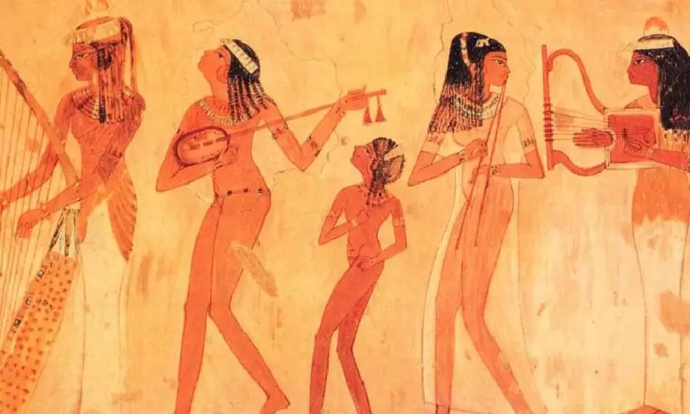 Painting of ancient Egyptian musicians and dancers from the Tomb of Nebamun in Thebes, showing sensual joy and celebration.