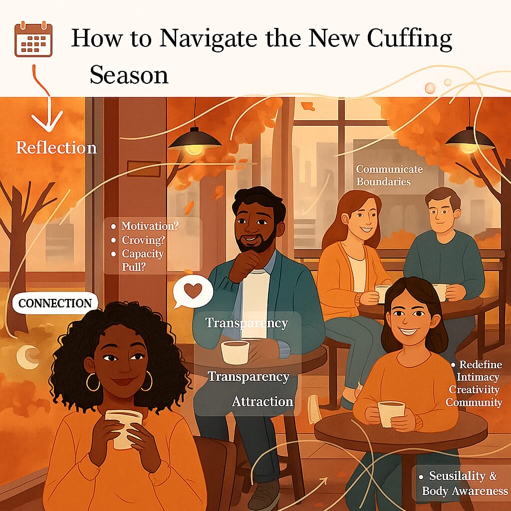 Illustration showing a cozy autumn café scene with diverse people enjoying coffee and conversation under orange fall leaves. The graphic is titled “How to Navigate the New Cuffing Season” and includes words like Reflection, Connection, Transparency, Attraction, and Sensuality & Body Awareness, representing themes of emotional awareness, communication, and intimacy during cuffing season.