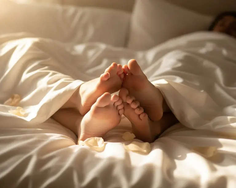 Couple tangled intimately in bed – sensual afterglow of steamy erotic romance