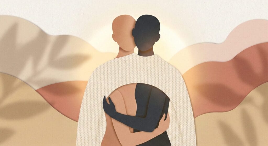 a modern graphic design for january 2026 showing cutout figures hugging